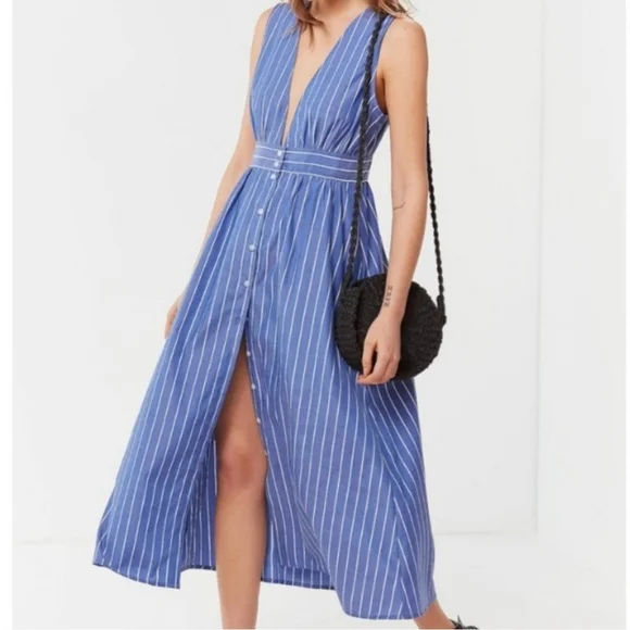 Urban Outfitters | Dresses | Urban Outfitters Blue Stripe Deepv Front  Button Midi Dress | Poshmark